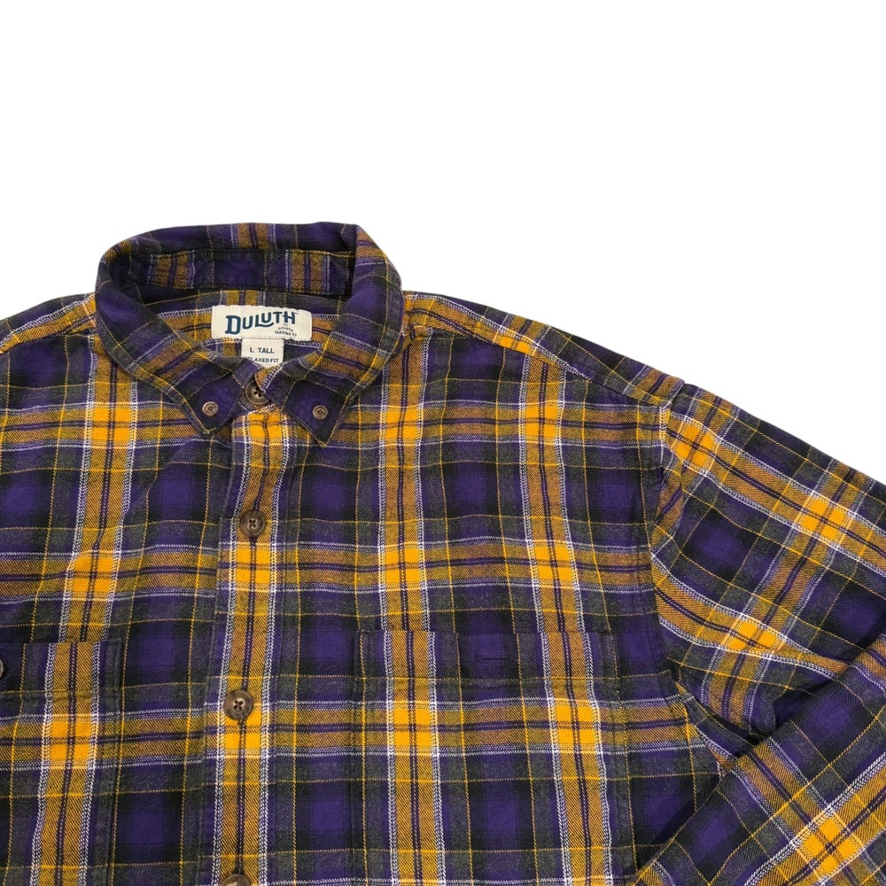 Duluth Trading Men L Tall Relaxed Fit Flannel Shirt Purple Yellow Plaid Cotton - Picture 2 of 7